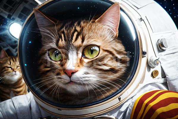 사람없음 JPG 디지털합성 편집이미지 고양이 두마리 우주 우주복 우주비행사 우주선 응시 편집소스