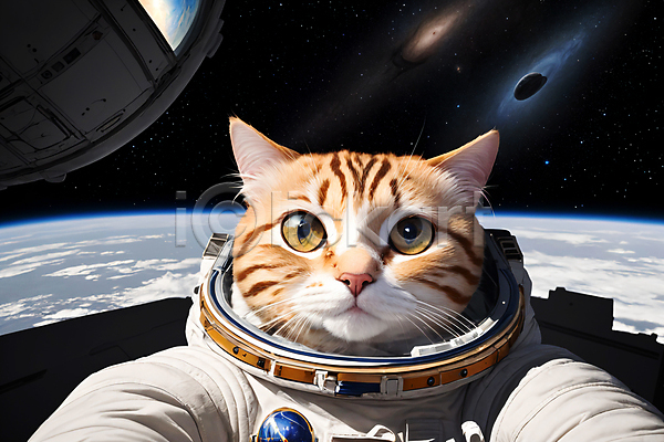 사람없음 JPG 디지털합성 편집이미지 고양이 우주 우주복 우주비행사 응시 편집소스 한마리 행성
