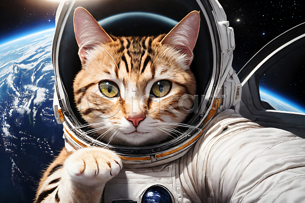 사람없음 JPG 디지털합성 편집이미지 고양이 앞발든 우주 우주복 우주비행사 응시 지구 편집소스 한마리