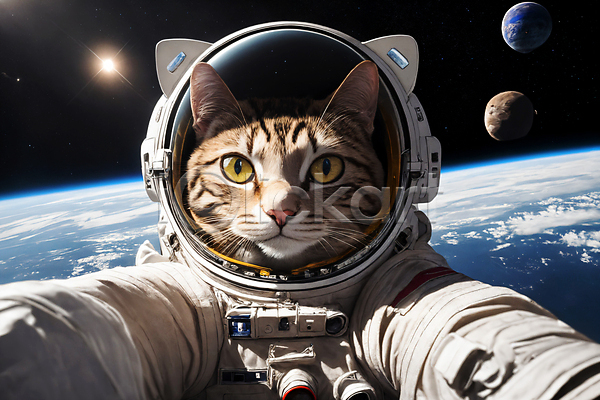 사람없음 JPG 디지털합성 편집이미지 고양이 우주 우주복 우주비행사 응시 지구 편집소스 한마리 행성