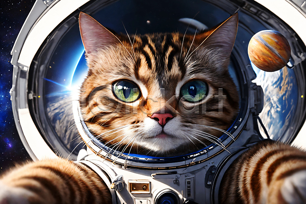 사람없음 JPG 디지털합성 편집이미지 고양이 반사 우주 우주복 우주비행사 응시 지구 편집소스 한마리 행성
