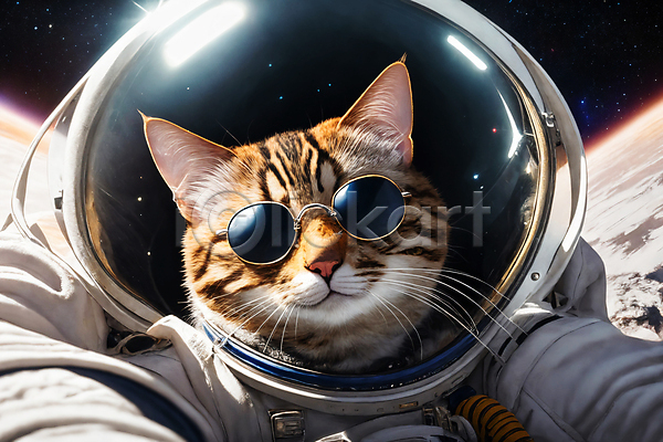 사람없음 JPG 디지털합성 편집이미지 고양이 선글라스 우주 우주복 우주비행사 응시 편집소스 한마리 행성