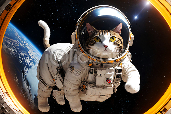 사람없음 JPG 디지털합성 편집이미지 고양이 떠있는 우주 우주복 우주비행사 응시 지구 편집소스 한마리