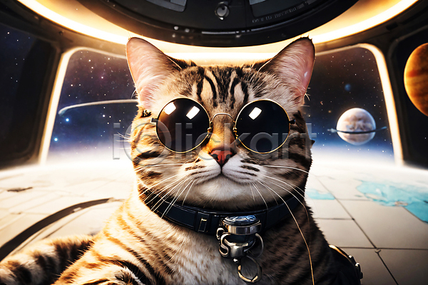 사람없음 JPG 디지털합성 편집이미지 고양이 선글라스 우주 우주복 우주비행사 우주선 응시 편집소스 한마리 행성