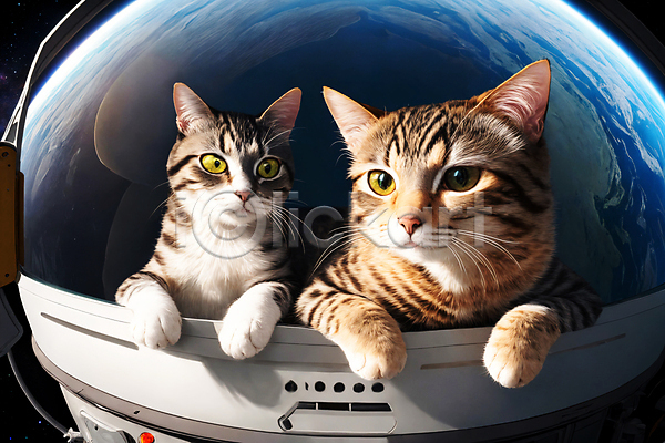 사람없음 JPG 디지털합성 편집이미지 고양이 두마리 우주 우주복 우주비행사 우주선 응시 지구 편집소스