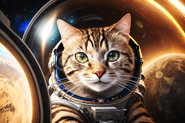 사람없음 JPG 디지털합성 편집이미지 고양이 반사 빛 우주 우주복 우주비행사 응시 편집소스 한마리 행성