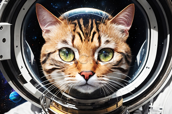 사람없음 JPG 디지털합성 편집이미지 고양이 우주 우주복 우주비행사 응시 편집소스 한마리 행성