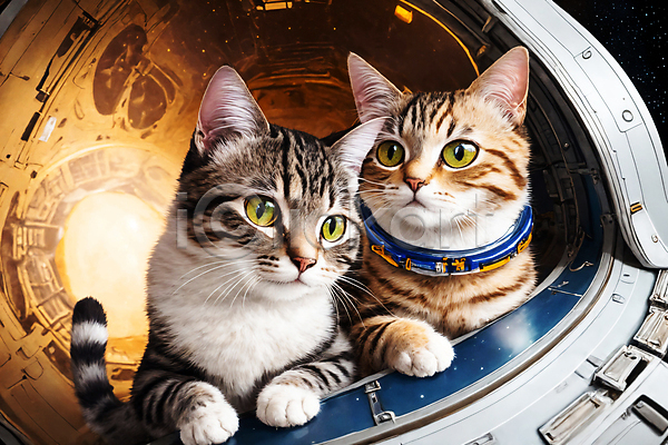 사람없음 JPG 디지털합성 편집이미지 고양이 두마리 우주 우주복 우주비행사 우주선 응시 편집소스
