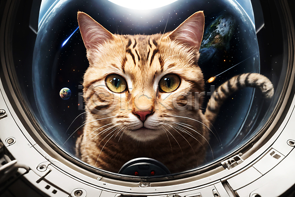 사람없음 JPG 디지털합성 편집이미지 고양이 반사 우주 우주복 우주비행사 응시 편집소스 한마리 행성
