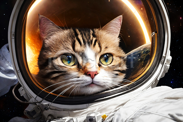 사람없음 JPG 디지털합성 편집이미지 고양이 빛 우주 우주복 우주비행사 응시 편집소스 한마리 행성