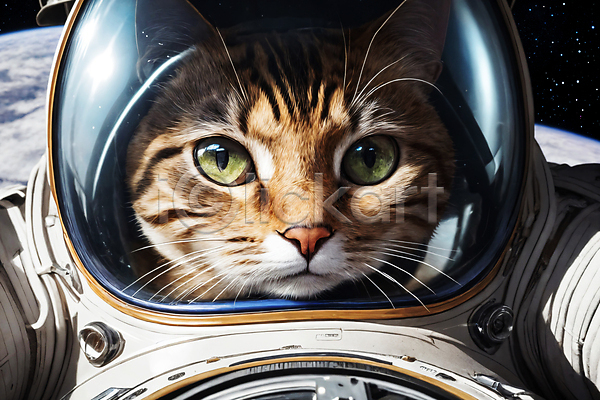 사람없음 JPG 디지털합성 편집이미지 고양이 반사 우주 우주복 우주비행사 응시 편집소스 한마리 행성