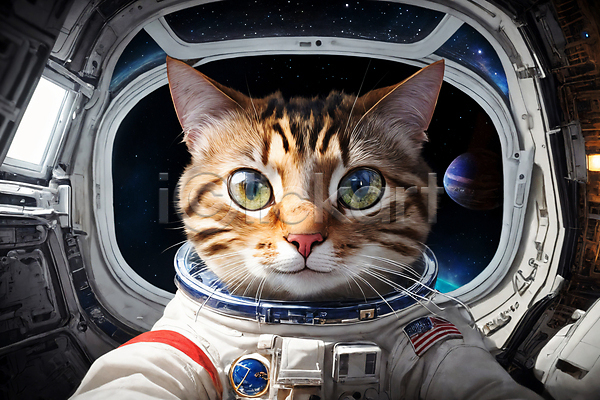 사람없음 JPG 디지털합성 편집이미지 고양이 우주 우주복 우주비행사 우주선 응시 편집소스 한마리 행성