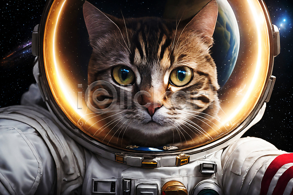 사람없음 JPG 디지털합성 편집이미지 고양이 반사 빛 우주 우주복 우주비행사 응시 지구 편집소스 한마리