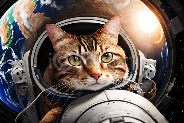 사람없음 JPG 디지털합성 편집이미지 고양이 빛 우주 우주복 우주비행사 우주선 응시 지구 편집소스 한마리