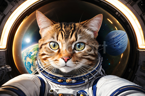 사람없음 JPG 디지털합성 편집이미지 고양이 우주 우주복 우주비행사 우주선 응시 지구 편집소스 한마리 행성
