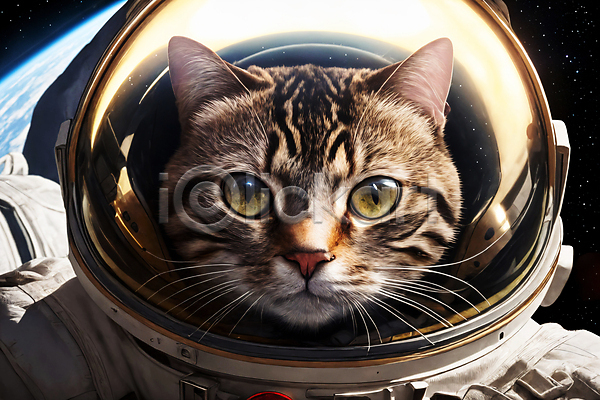 사람없음 JPG 디지털합성 편집이미지 고양이 빛 우주 우주복 우주비행사 응시 지구 편집소스 한마리
