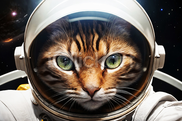 사람없음 JPG 디지털합성 편집이미지 고양이 우주 우주복 우주비행사 응시 편집소스 한마리