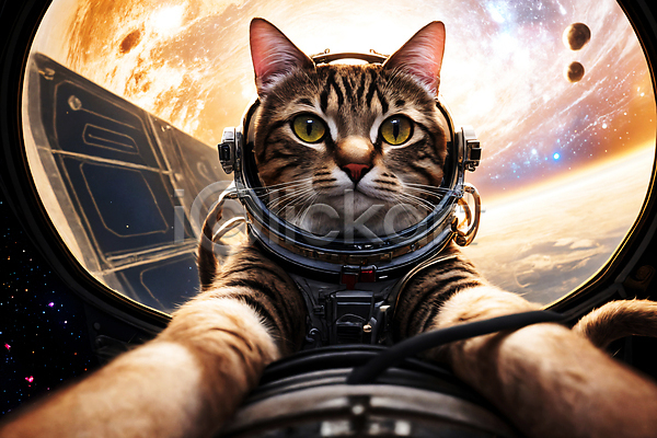 사람없음 JPG 디지털합성 편집이미지 고양이 우주 우주복 우주비행사 우주선 응시 편집소스 한마리 행성