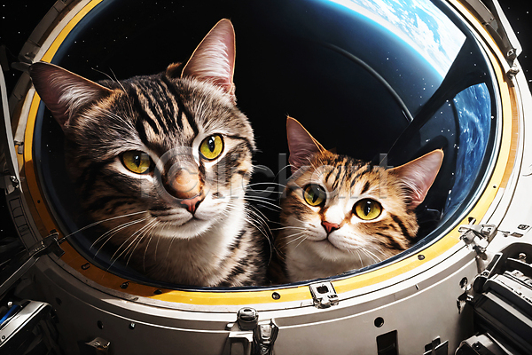 사람없음 JPG 디지털합성 편집이미지 고양이 두마리 반사 우주 우주복 우주비행사 우주선 응시 편집소스