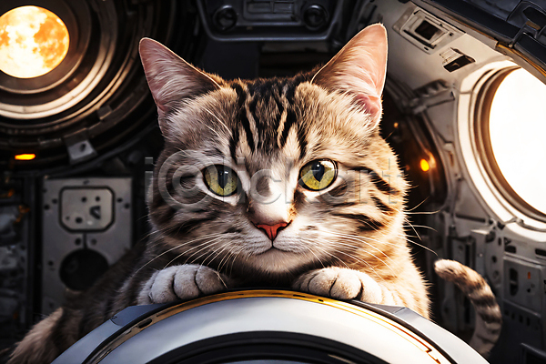 사람없음 JPG 디지털합성 편집이미지 고양이 빛 우주 우주복 우주비행사 우주선 응시 편집소스 한마리