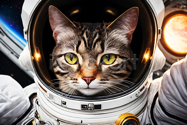 사람없음 JPG 디지털합성 편집이미지 고양이 빛 우주 우주복 우주비행사 응시 편집소스 한마리