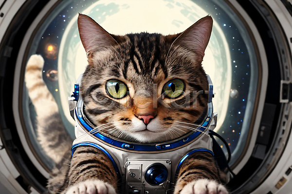사람없음 JPG 디지털합성 편집이미지 고양이 빛 우주 우주복 우주비행사 우주선 응시 편집소스 한마리