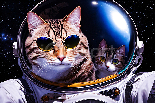 사람없음 JPG 디지털합성 편집이미지 고양이 두마리 빛 선글라스 우주 우주복 우주비행사 응시 편집소스
