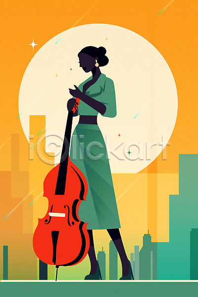 빈티지 성인 성인여자한명만 여자 한명 AI(파일형식) 실루엣 일러스트 건물 공연 노란색 복고 악기 음악 잡기 재즈 전신 초록색 콘서트 포스터