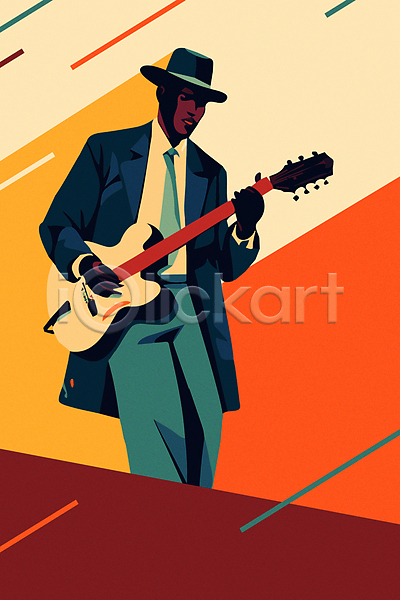 빈티지 남자 성인 성인남자한명만 한명 AI(파일형식) 일러스트 공연 들기 복고 상반신 악기 연주 음악 재즈 주황색 콘서트 포스터