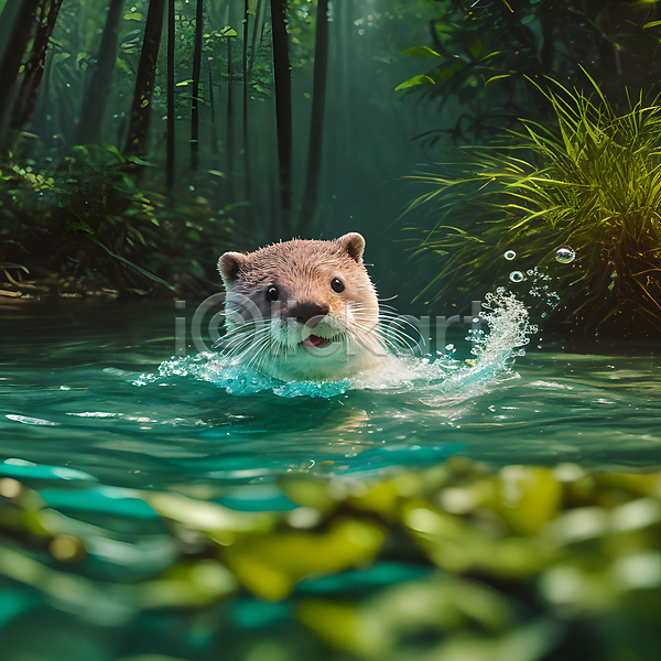 사람없음 JPG 디지털합성 소프트포커스 편집이미지 나무 동물 물 물방울 수달 수영 숲 스플래쉬 젖음 편집소스 풀(식물) 한마리