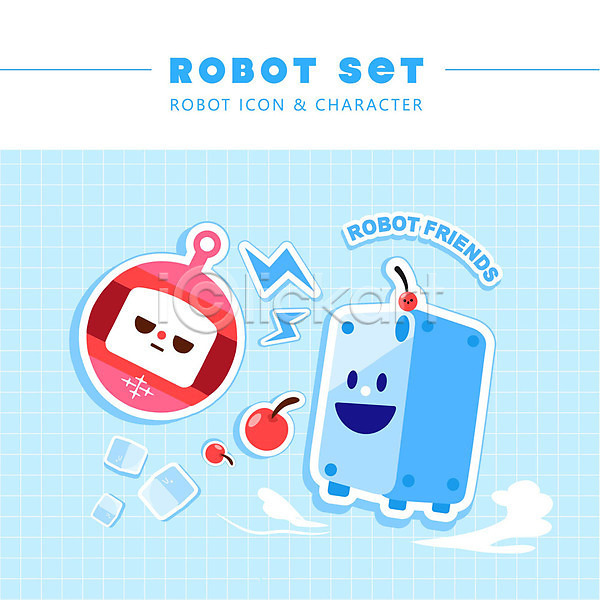 사람없음 AI(파일형식) 아이콘 로봇 번개모양 빨간색 스티커 얼음 전기에너지 체리 캐릭터 파란색