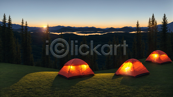 사람없음 JPG 편집이미지 나무 빛 산 야외 일몰 잔디 캠핑 캠핑장 텐트 풍경(경치) 하늘 햇빛