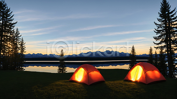 사람없음 JPG 편집이미지 나무 빛 산 야외 오후 일몰 잔디 저녁 캠핑 캠핑장 텐트 풍경(경치) 하늘 호수