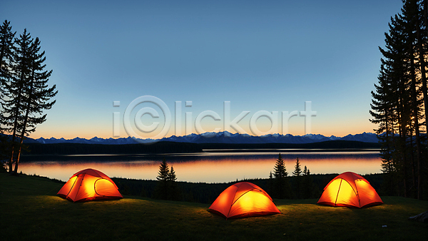 사람없음 JPG 편집이미지 나무 빛 산 야외 오후 일몰 잔디 저녁 캠핑 캠핑장 텐트 풍경(경치) 하늘 호수
