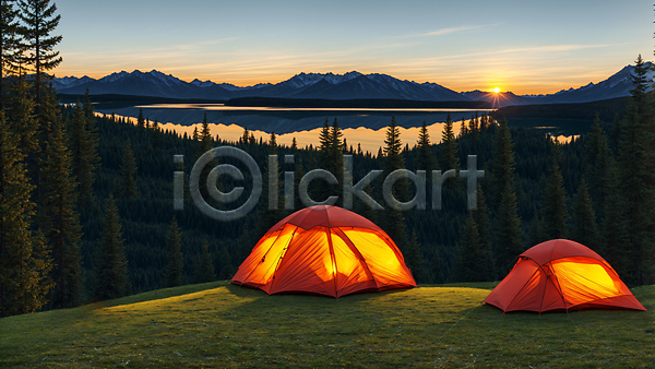 사람없음 JPG 편집이미지 나무 빛 산 야외 오후 일몰 잔디 저녁 캠핑 캠핑장 태양 텐트 풍경(경치) 하늘 호수