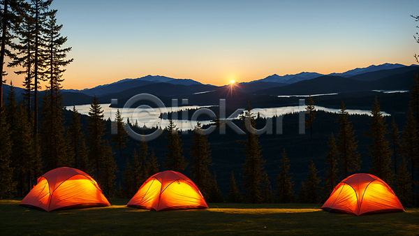 사람없음 JPG 편집이미지 나무 빛 산 야외 오후 일몰 저녁 캠핑 캠핑장 태양 텐트 풍경(경치) 하늘 햇빛 호수