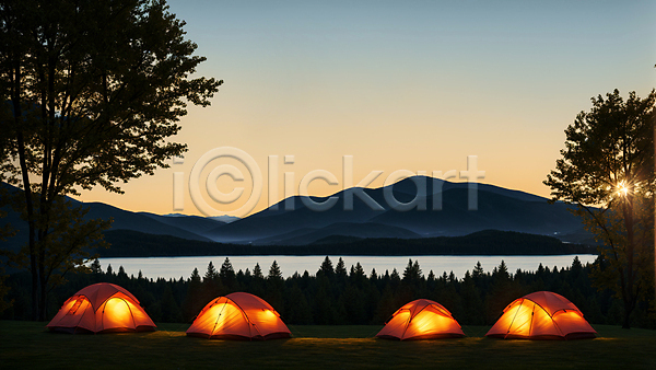 사람없음 JPG 편집이미지 나무 빛 산 야외 오후 일몰 저녁 캠핑 캠핑장 텐트 풍경(경치) 하늘 햇빛 호수