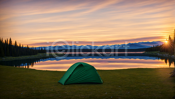 사람없음 JPG 편집이미지 구름(자연) 나무 빛 산 야외 오후 일몰 잔디 저녁 캠핑 캠핑장 태양 텐트 풍경(경치) 하늘 햇빛 호수