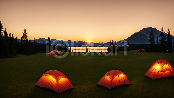 사람없음 JPG 편집이미지 나무 빛 산 야외 오후 일몰 잔디 저녁 캠핑 캠핑장 태양 텐트 풍경(경치) 하늘 햇빛 호수