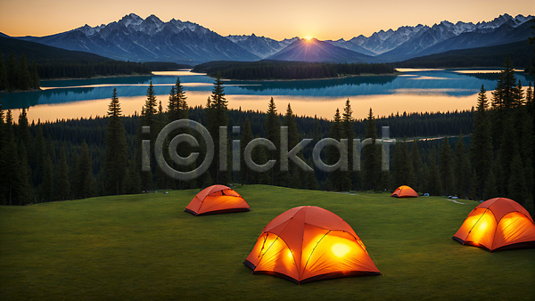 사람없음 JPG 편집이미지 나무 빛 산 야외 오후 일몰 잔디 저녁 캠핑 캠핑장 태양 텐트 풍경(경치) 햇빛 호수