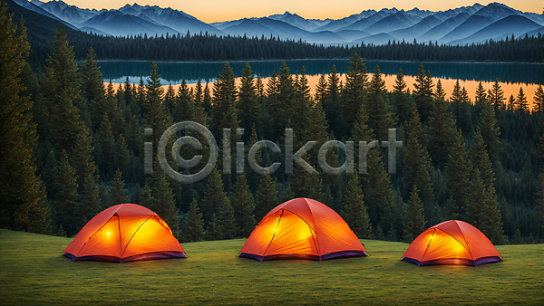 사람없음 JPG 편집이미지 나무 빛 산 야외 오후 일몰 잔디 저녁 캠핑 캠핑장 텐트 풍경(경치) 호수