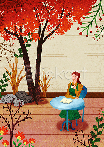 여유 성인 성인여자한명만 여자 한명 PSD 일러스트 가을(계절) 가을풍경 꽃 단풍나무 독서 들기 마시기 발코니 앉기 의자 전신 책 카페 커피 풀잎