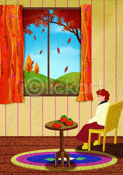 노년 노인여자한명만 여자 한명 PSD 일러스트 가을(계절) 감 나뭇가지 단풍나무 산 실내 앉기 응시 의자 잎 전신 창문 카펫 커튼 탁자 할머니