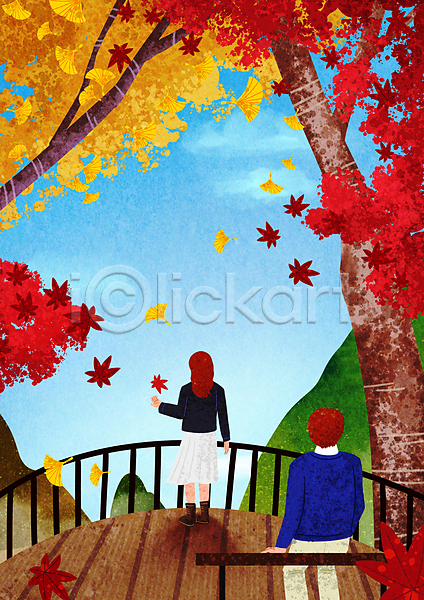 남자 두명 성인 성인만 여자 PSD 일러스트 가을(계절) 가을풍경 단풍 단풍나무 산 상반신 서기 앉기 울타리 은행나무 은행잎 자연 잡기 전망대 전신 하늘