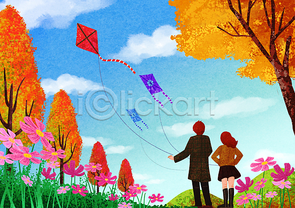 남자 두명 성인 성인만 여자 PSD 일러스트 가을(계절) 가을풍경 구름(자연) 단풍나무 서기 연 연날리기 전신 커플 코스모스(꽃) 하늘 허리손