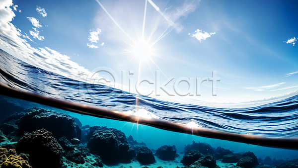 사람없음 JPG 편집이미지 구름(자연) 바다 바닷속 산호초 수면 수중 자연 파란색 풍경(경치) 하늘 해수면 햇빛