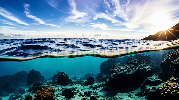 사람없음 JPG 편집이미지 구름(자연) 바다 바닷속 수면 수중 자연 파란색 풍경(경치) 하늘 해수면 햇빛