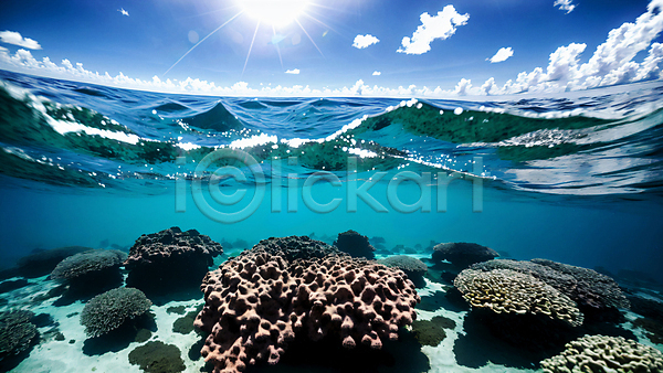 사람없음 JPG 편집이미지 구름(자연) 바다 바닷속 수면 수중 자연 파도 파란색 풍경(경치) 하늘 해수면 햇빛