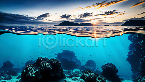 사람없음 JPG 편집이미지 구름(자연) 바다 바닷속 수면 수중 일몰 자연 파란색 풍경(경치) 하늘 해수면