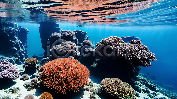 사람없음 JPG 편집이미지 바다 바닷속 산호초 수중 자연 파란색 풍경(경치)